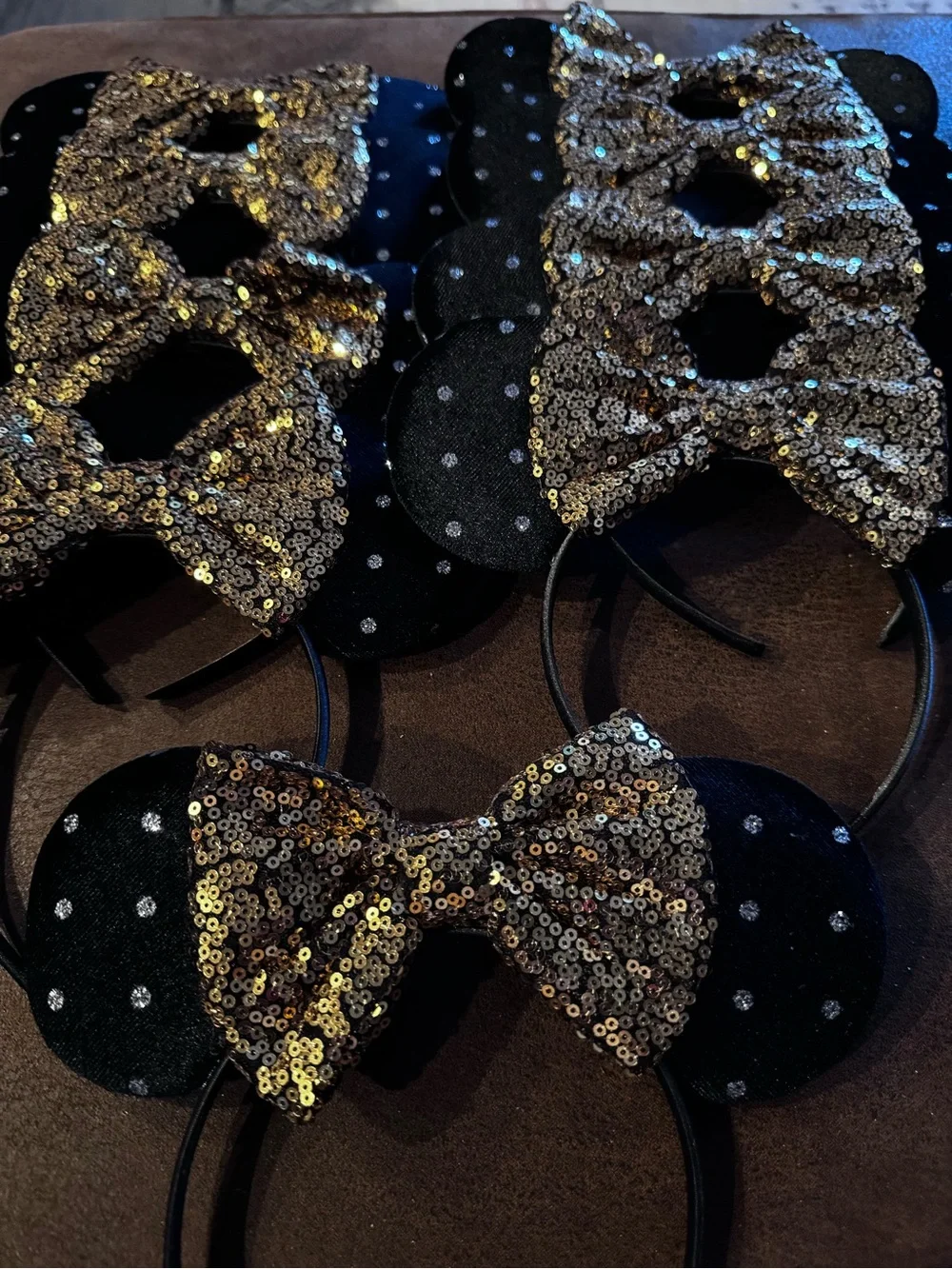 Bulk Lot-9 New Gold Sequin Bow, Glitter Dot Minnie Ear Headbands-Wholesale Cost
